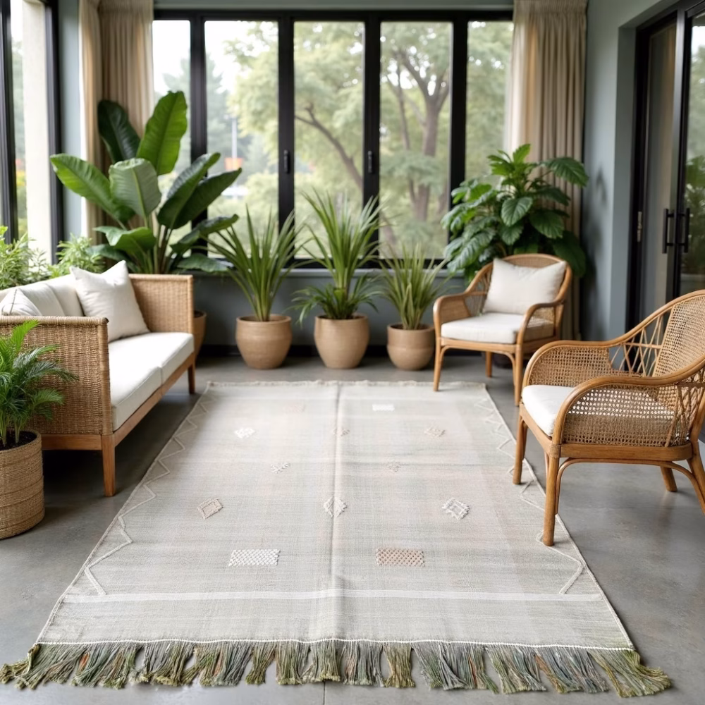 Berber green cactus silk rug in sunroom with natural lighting and abundant plants