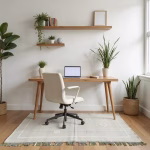 Green cactus silk rug in home office setting with wooden desk and minimalist white decor