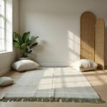 Green Moroccan rug in meditation space with floor cushions and woven wall art