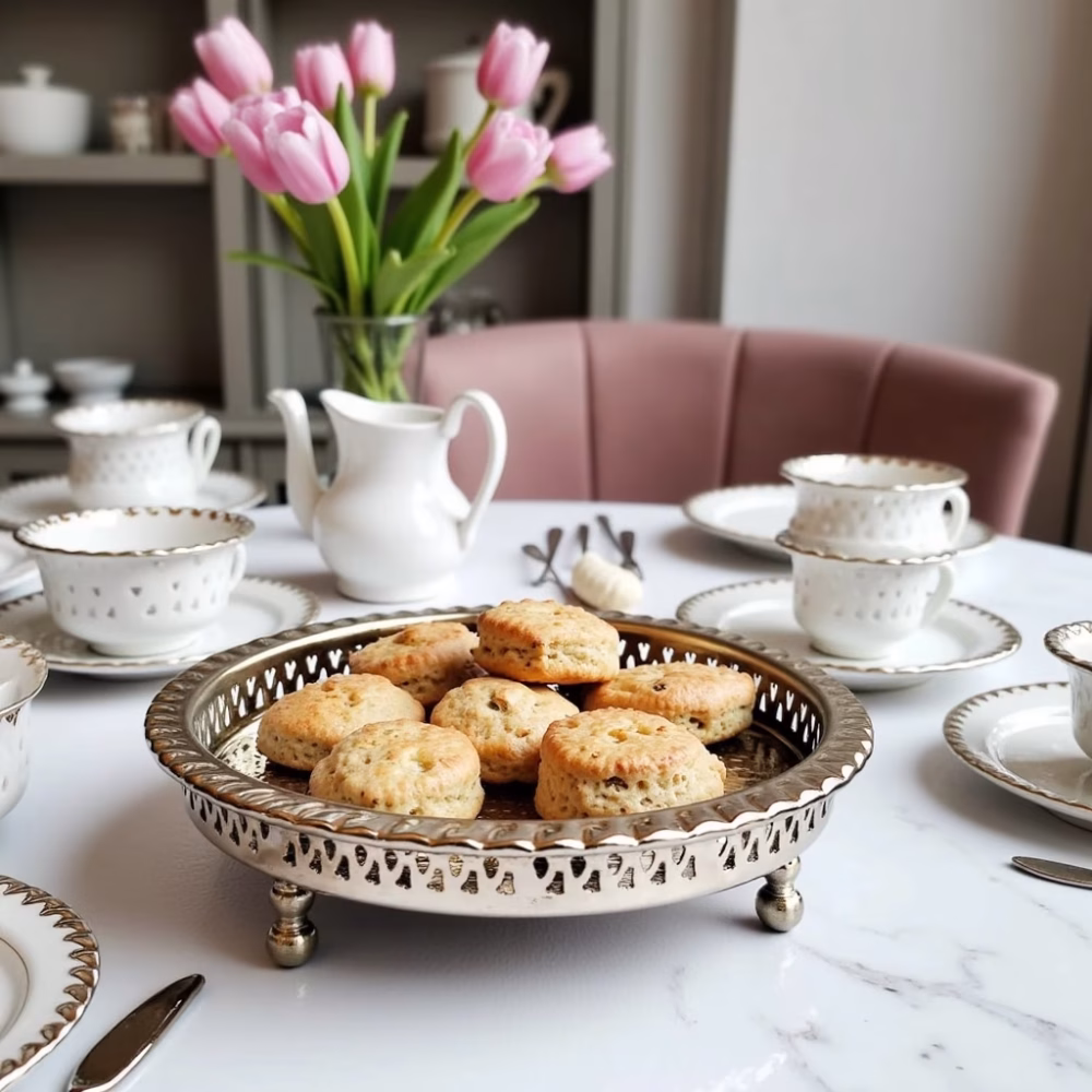 Decorative silver circle tray serving pastries and tea with pink tulips on dining table