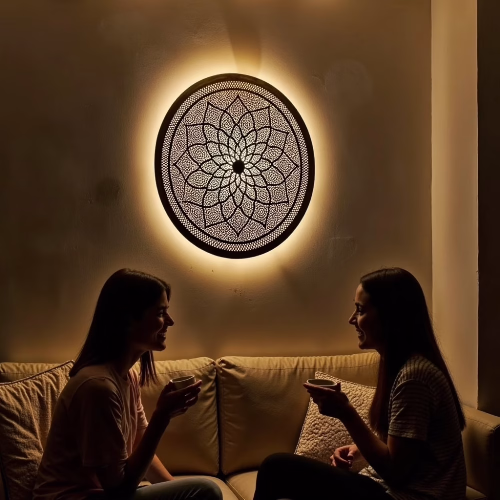 Hand Engraved Round Moroccan Wall Light Shade in Gold