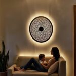 Round brass wall light with mandala design casting ambient glow in modern living room above sofa