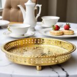 Silver-plated brass serving tray with hand-engraved geometric borders and mirror finish