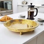 Hand-engraved Star of David motif on round brass serving tray with oxidized chased detailing