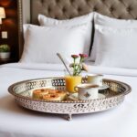 Brass serving tray with hand-engraved Star of David and Moroccan geometric motifs viewed from above