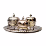 Hand-hammered Moroccan decorative tea set with three containers on tray