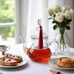 Moroccan glass tea pot with red brew and pastries in bright setting