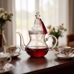 Glass tea pot filled with red tea on elegant table setting