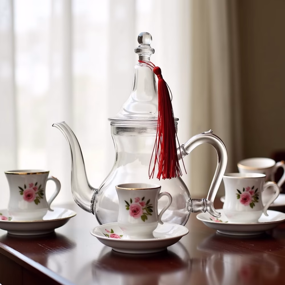 Glass tea pot with red tassel alongside vintage teacups on dark wood table