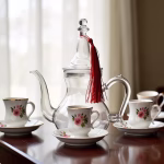 Glass tea pot with red tassel alongside vintage teacups on dark wood table