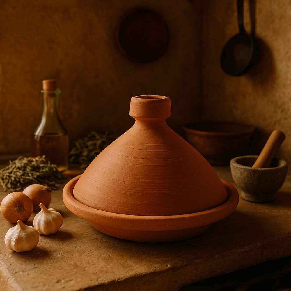 Handmade Moroccan tagine clay pot on an earthen counter surrounded by onions, garlic and dried herbs