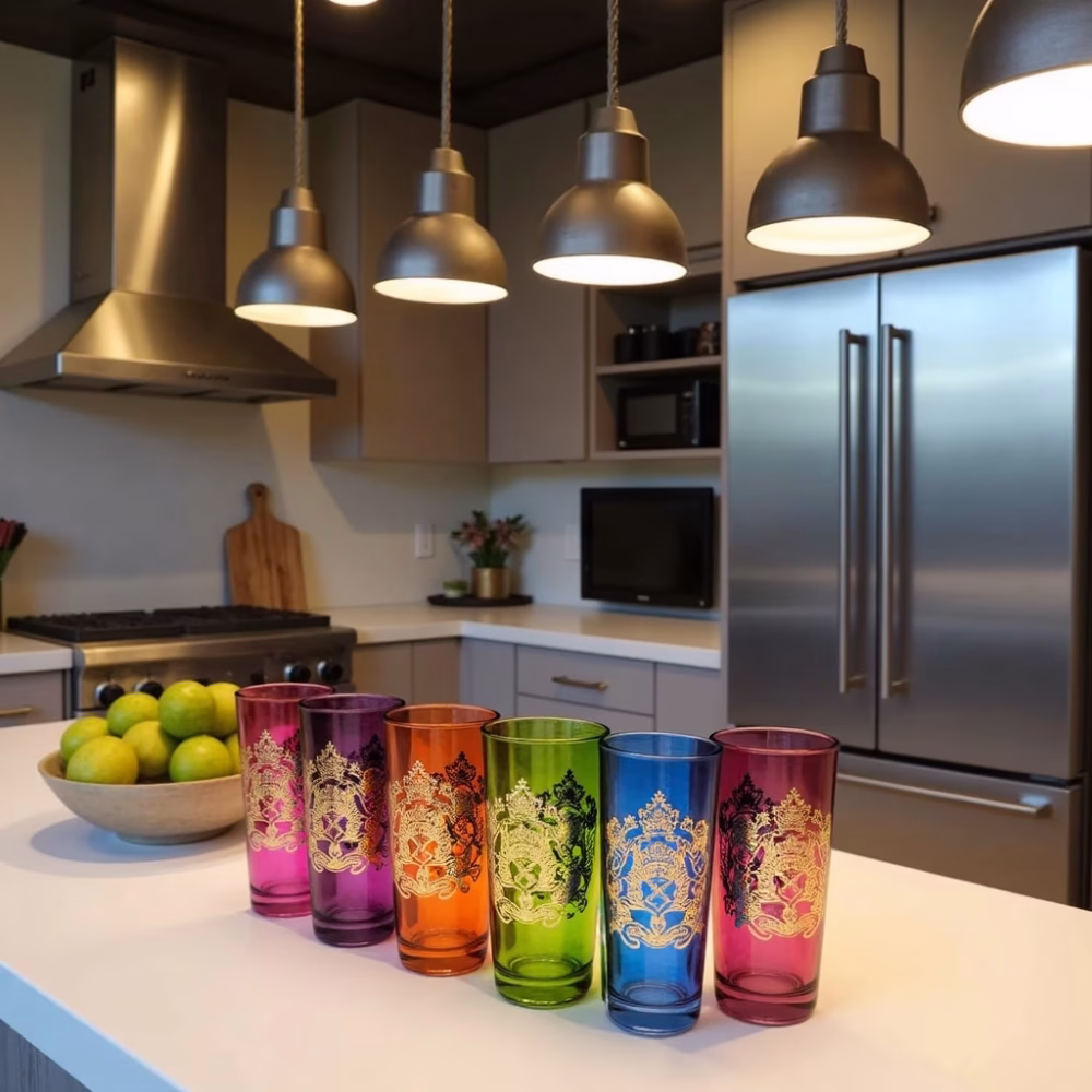 Multicolor Moroccan tea glasses with gold royal emblem in modern kitchen
