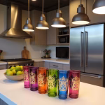 Multicolor Moroccan tea glasses with gold royal emblem in modern kitchen