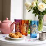 Moroccan tea service with pink teapot and multicolor glasses