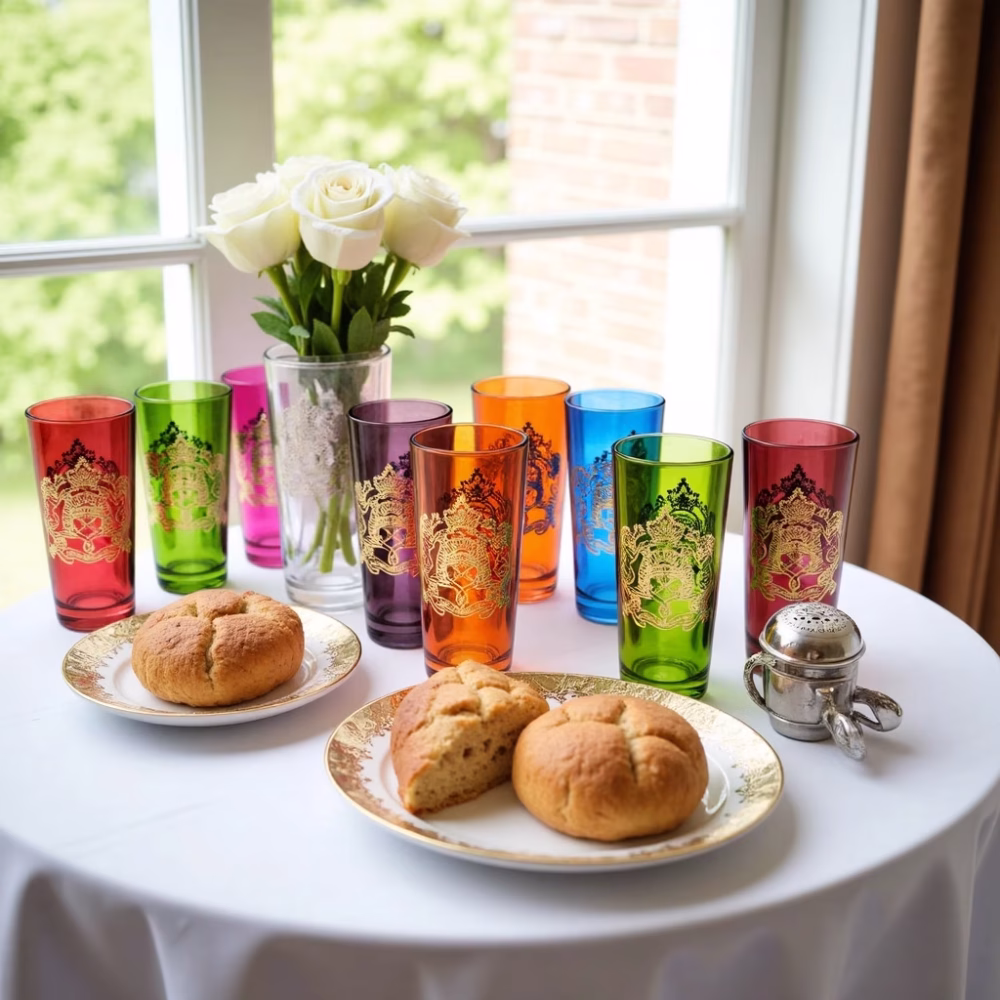 Colorful tea glasses with gold emblems arranged with pastries and flowers