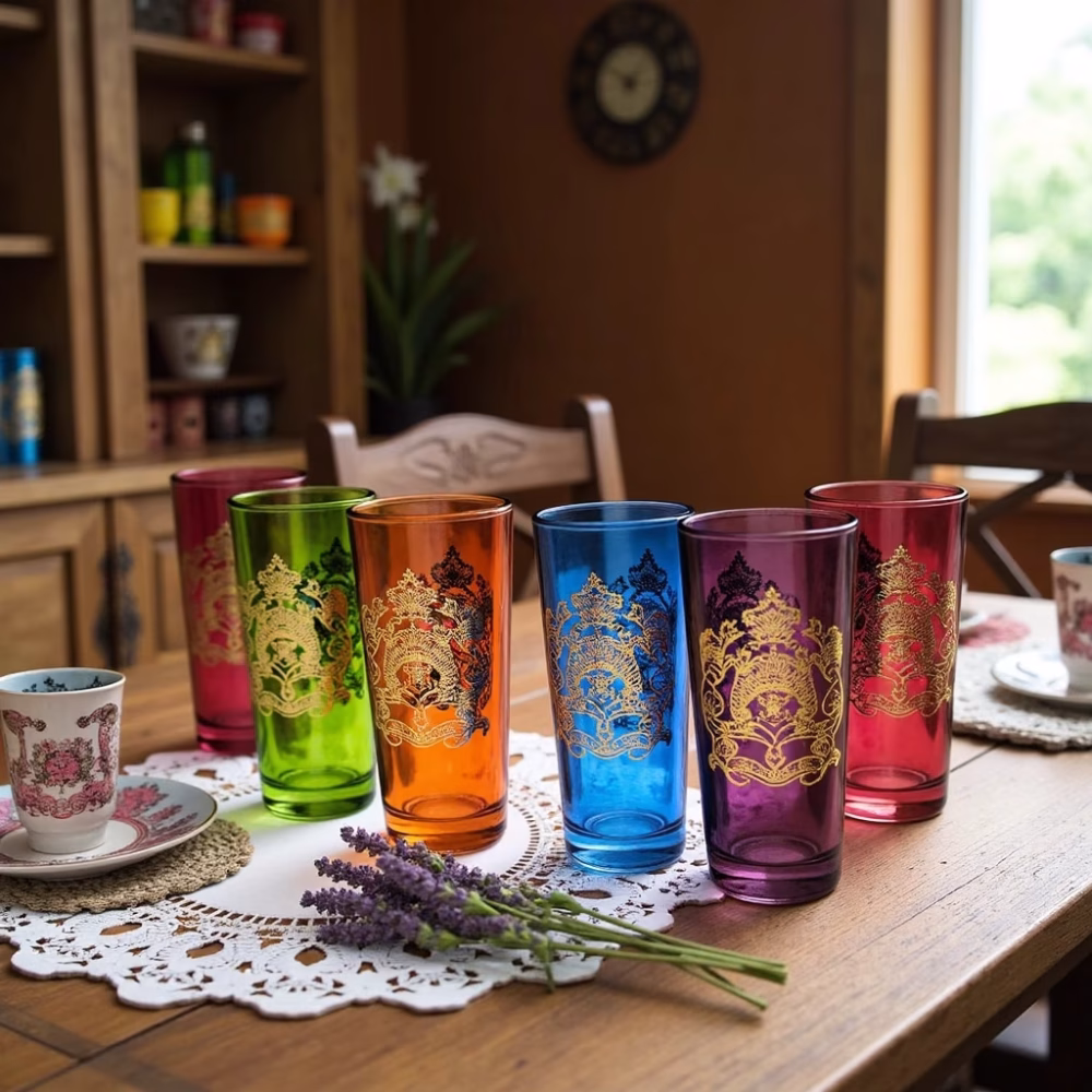Royal Moroccan tea glasses set on traditional lace tablecloth