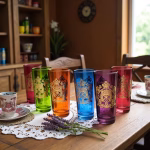 Royal Moroccan tea glasses set on traditional lace tablecloth