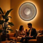 Round brass lamp creating warm ambient lighting in modern living room with couple on sofa