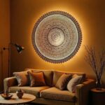 Statement round brass lamp as focal point above elegant sofa in bohemian living room