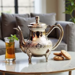Luxury silver Moroccan teapot in modern living room setting with tea service