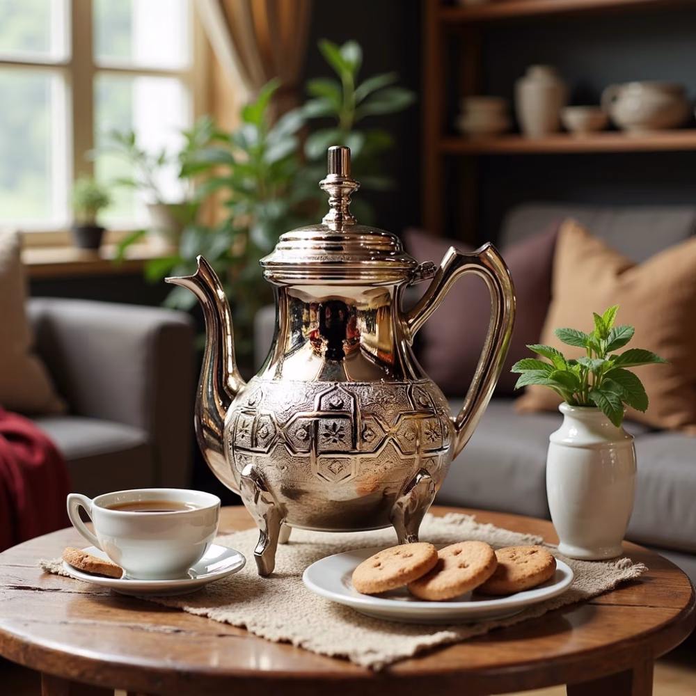 Engraved silver Moroccan teapot in cozy home setting with tea and cookies
