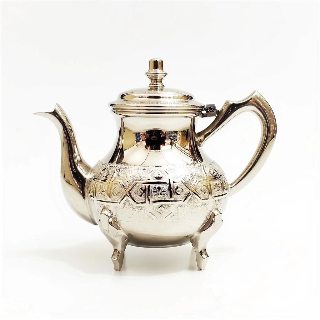 moroccan teapot hand-engraved - MCTEP03 - Featured image - front view on white background Silver-plated copper moroccan teapot hand-engraved with floral motifs, domed lid, and gooseneck spout on white
