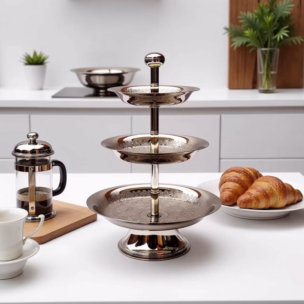 Moroccan Hand-Engraved 3-Tier Silver Plated Decorative Cake Stand for Serving Sweets & Dry Fruits - Image 1