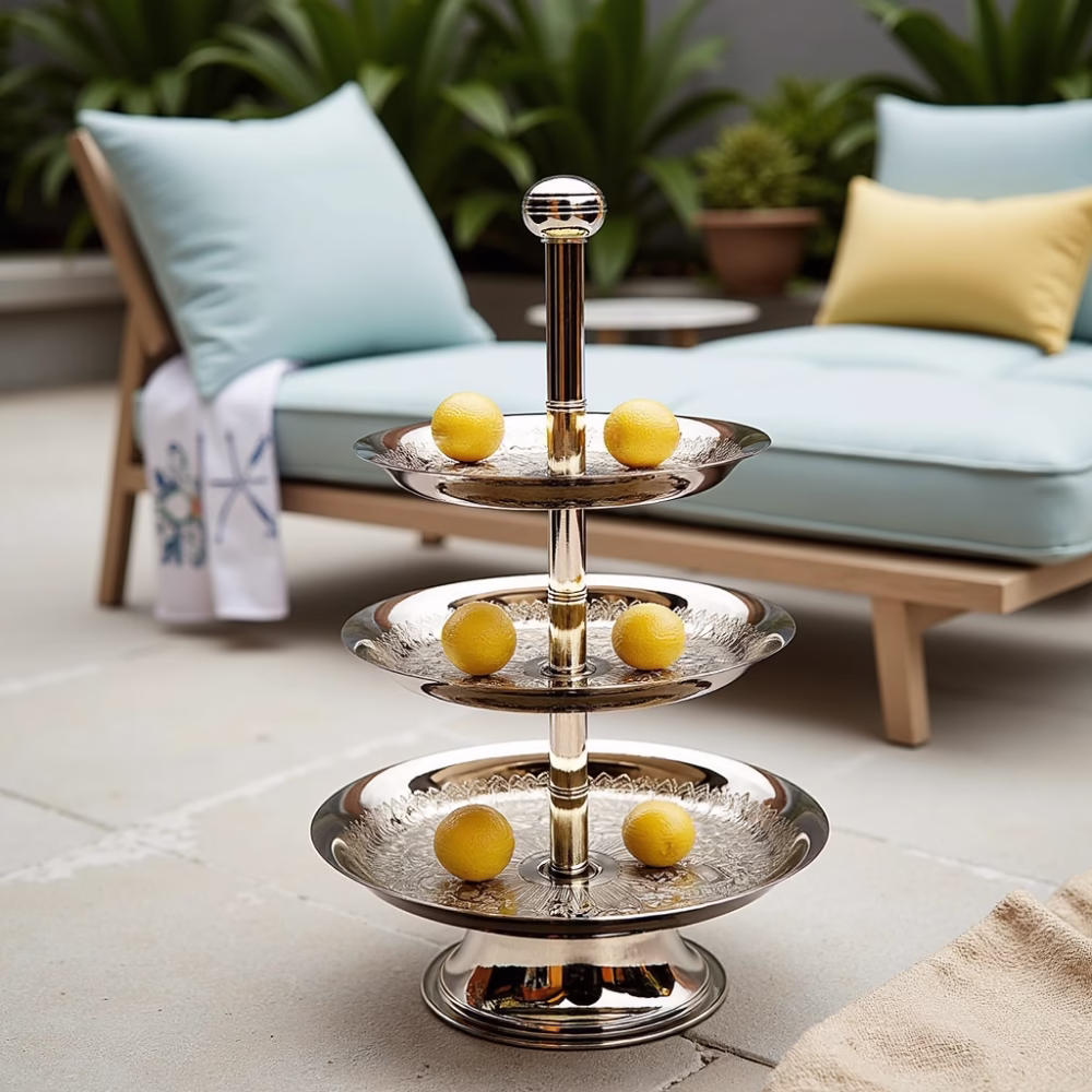 Moroccan Hand-Engraved 3-Tier Silver Plated Decorative Cake Stand for Serving Sweets & Dry Fruits