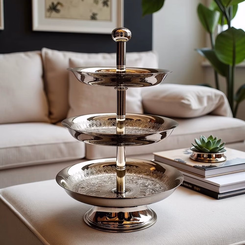Moroccan Hand-Engraved 3-Tier Silver Plated Decorative Cake Stand for Serving Sweets & Dry Fruits