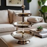 Ornate center column of silver-plated 3-tier cake stand with hand-engraved Moroccan ornamental motifs and ball finial