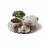 Moroccan Hand Engraved Silver Plated Decorative Tea Set for Sugar, Mint, and Tea (4 Items)