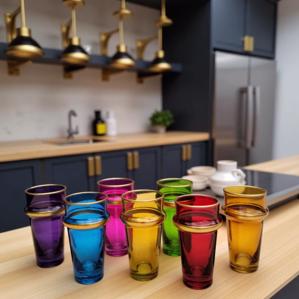 Moroccan beldi tea glasses displayed in modern kitchen