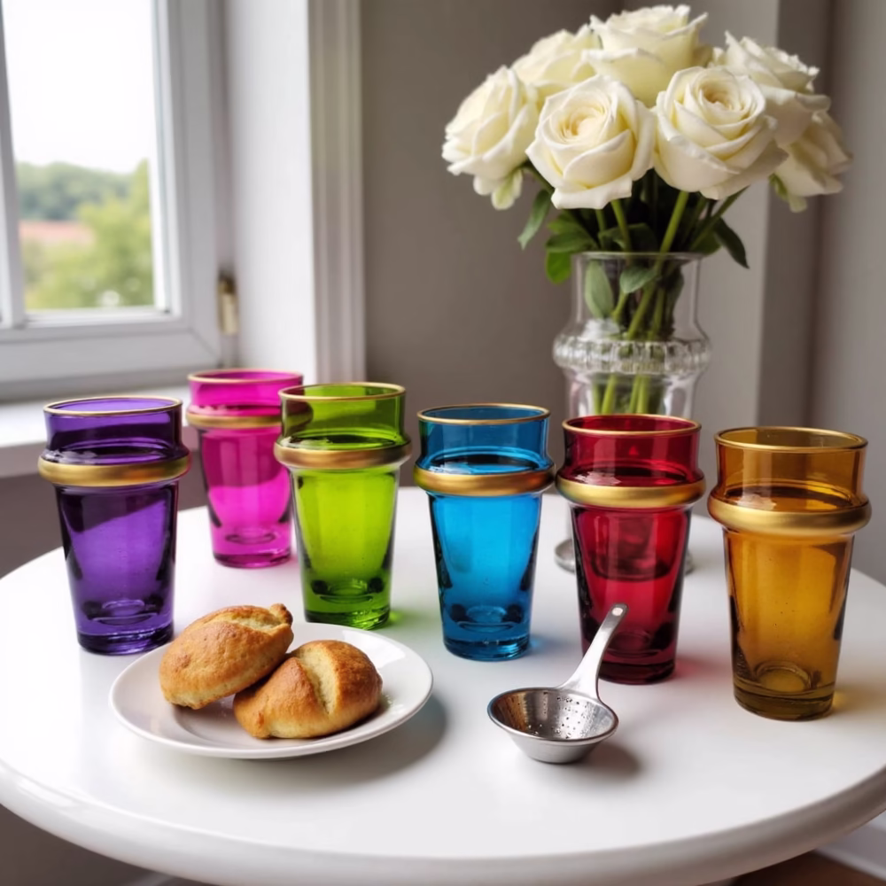 Colorful beldi glasses with afternoon tea setting