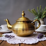 Modern gold-plated ribbed teapot with horizontal pattern on lace doily