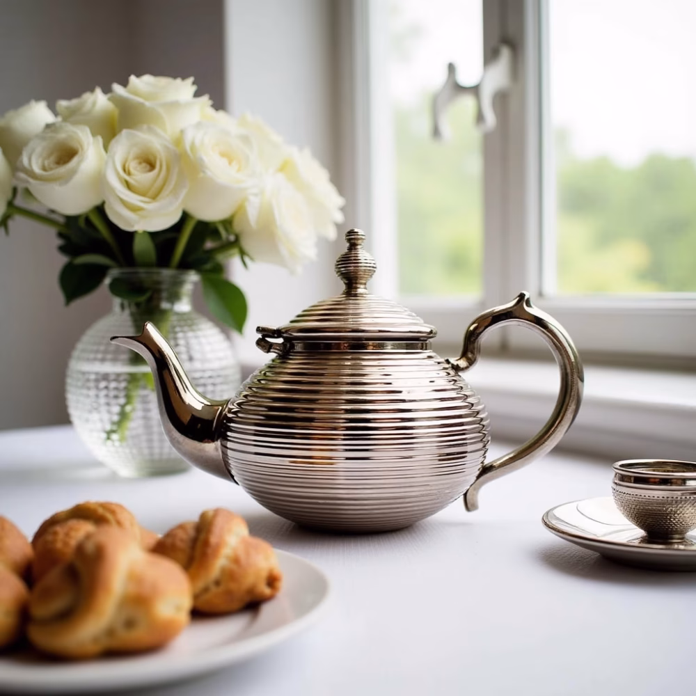 Sleek silver-plated teapot with white roses and pastries