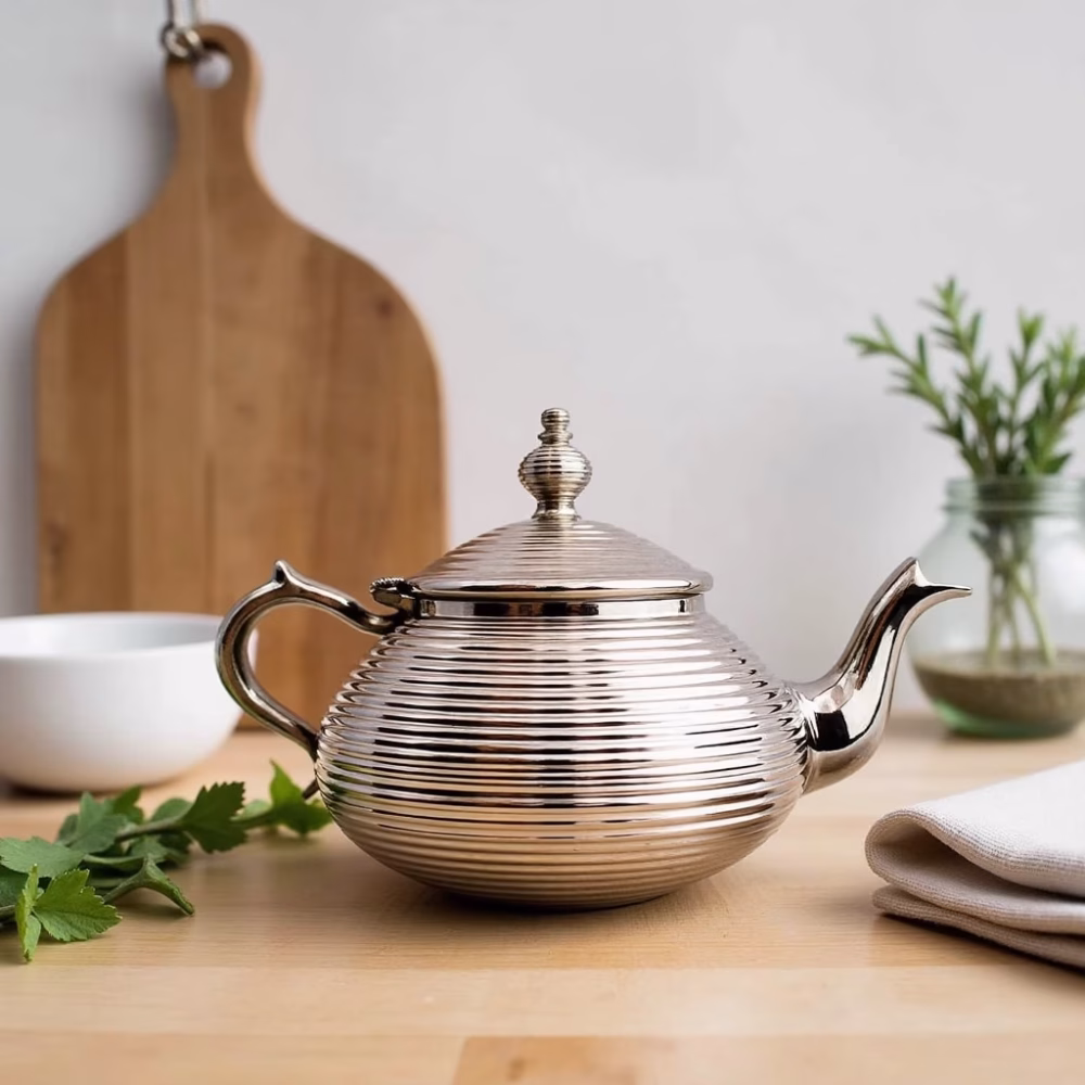 Modern design silver teapot on wooden table setting