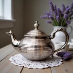 Moroccan ribbed silver teapot contemporary with horizontal ribbing beside white blossoms on rustic wood