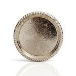 Overhead view of hand hammered silver circle tray showing detailed texture and rope edge design