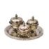 Silver-plated Moroccan sugar bowl set with three covered containers on engraved tray