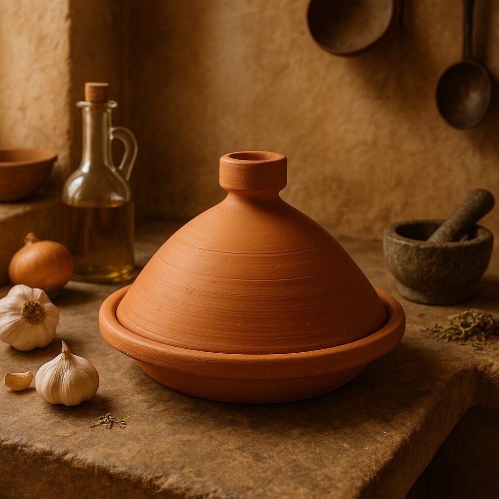 Terracotta tagine clay pot in a rustic Moroccan kitchen scene beside garlic, olive oil and a stone mortar.