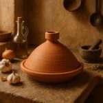 Terracotta tagine clay pot in a rustic Moroccan kitchen scene beside garlic, olive oil and a stone mortar.