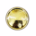 Top-down view of a hammered brass circle tray highlighting the rope-twist rim detail.