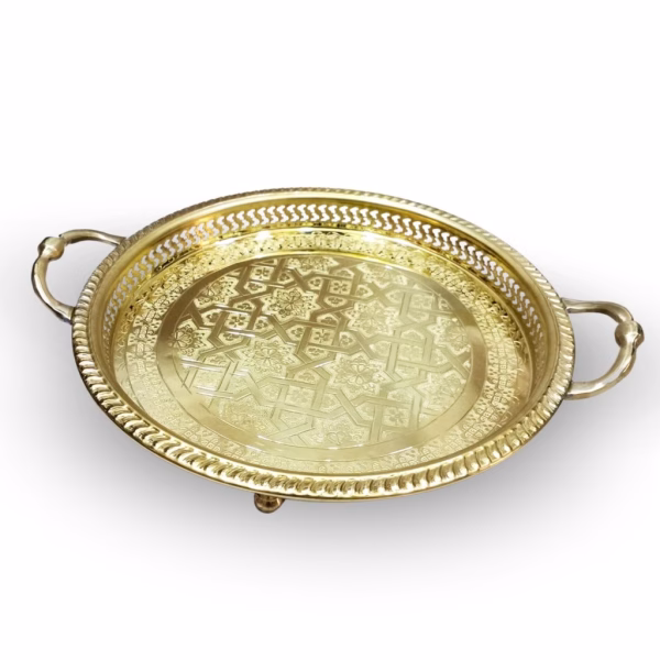 Traditional engraved Moroccan brass serving tray with handles and detailed geometric pattern