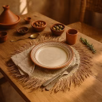 fringed raffia placemats laid out on a boho-style wooden table