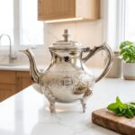 A moroccan teapot hand-engraved in a classic shape is displayed on a modern white quartz kitchen countertop with a sprig of fresh mint and a simple ceramic pot.
