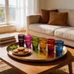 A vibrant set of multicolor beldi tea glasses with gold accents arranged on a hammered brass tray alongside a plate of cookies, resting on a wooden coffee table in a bright, modern living room.