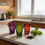 Three multicolor beldi tea glasses in purple, green, and red displayed on a bright white quartz kitchen countertop, styled next to loose tea leaves and a sprig of fresh mint.
