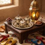Traditional silver tea container set on a carved wood table with a brass lantern and Moroccan pastries