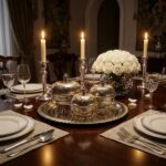 Silver tea container set centerpiece on a formal dinner table with white candles and fine china