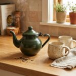 Steaming green moroccan enamel teapot stovetop on wooden kitchen counter with rustic tea accessories